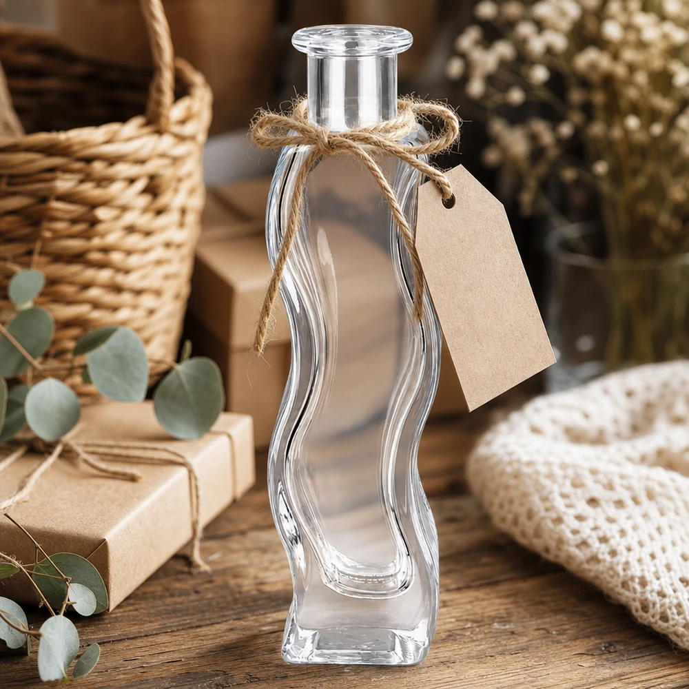 100ml Glasflasche "Melissa" ohne Verschluss UNiTWIST Glasflasche Melissa 100ml mit Kraftpapier-Anhänger und Juteschnur dekoriert in rustikalem Ambiente mit Eukalyptus