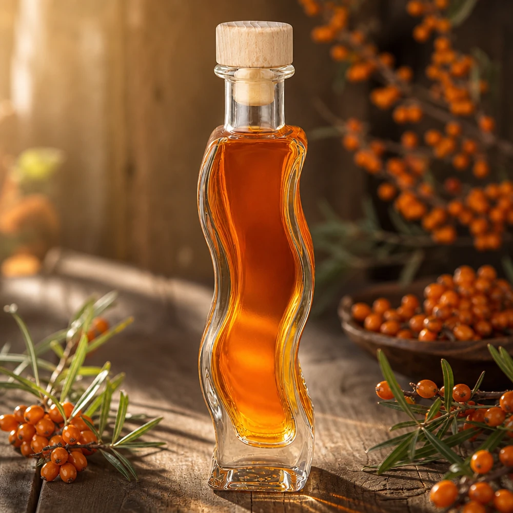 Glasflasche Melissa 100ml mit Sanddornöl gefüllt zwischen Sanddornzweigen natürliche Dekoration Holzkorken