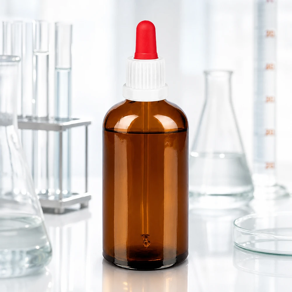100ml Pipettenflasche weiß/rot Originalitätsverschluss BrownLine UT18/100 Hochwertige 100ml Braunglasflasche mit dichtem Verschlusssystem für sichere Aufbewahrung