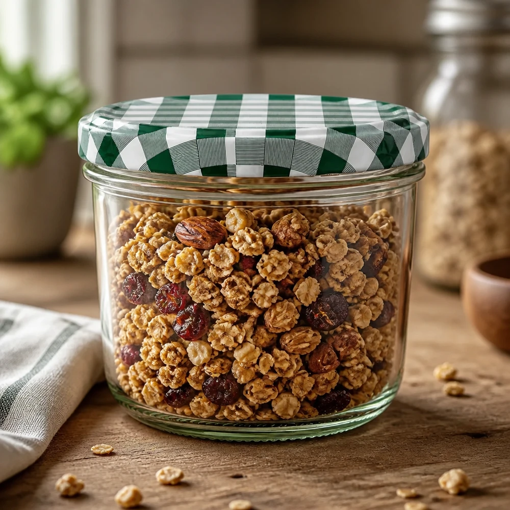 230ml Sturzglas + BasicSeal Deckel grün/weiß UNiTWIST Sturzglas 230ml mit Müsli Nüssen gefüllt BasicSeal Deckel grün-weiß kariert Vorratsglas Küche Holztisch