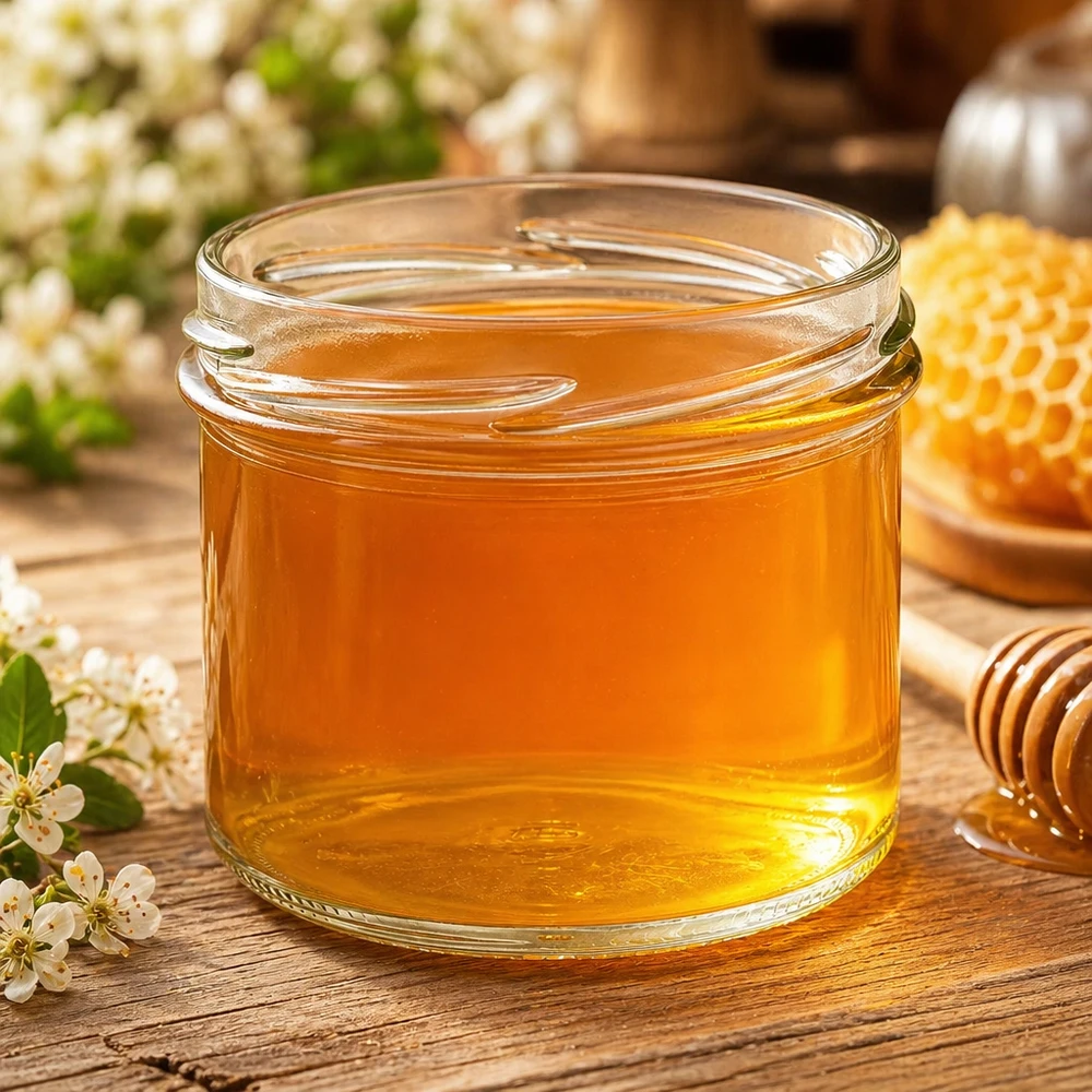 225ml Sturzglas ohne Deckel (TO82) UNiTWIST UNiTWIST Sturz225 Sturzglas 225ml TO82 mit goldenem Honig gefüllt auf Holztisch mit Bienenwaben und Blüten