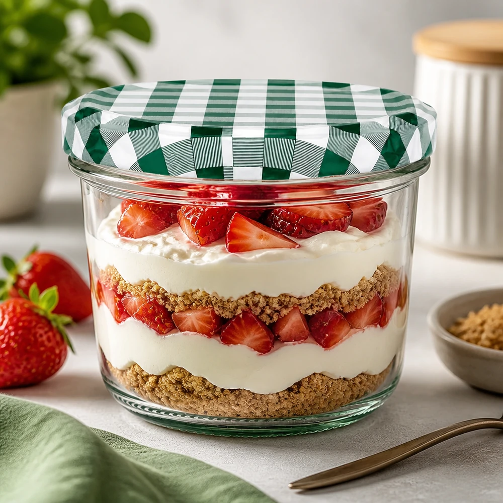 230ml Sturzglas + BasicSeal Deckel grün/weiß UNiTWIST Sturzglas 230ml Dessertglas Erdbeertrifle Schichtdessert BasicSeal Deckel grün-weiß kariert Nachspeise Küche