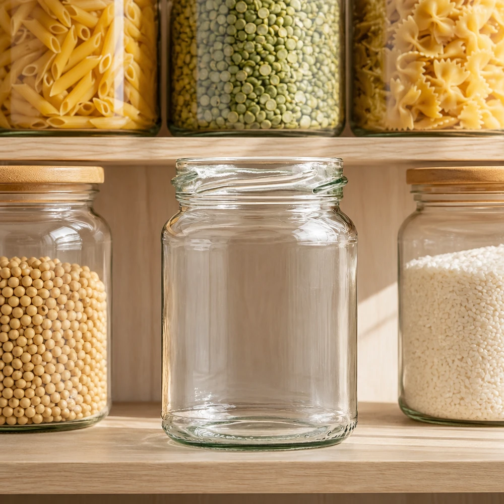 205ml Rundglas ohne Deckel (TO58) UNiTWIST UNiTWIST Runda205 Rundglas 205ml TO58 leeres Einmachglas in Küche mit gefüllten Vorratsgläsern Pasta Linsen Reis