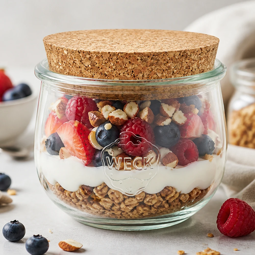 WECK Tulpenglas 580ml mit Korkdeckel als Müsliglas mit Joghurt Beeren und Nüssen befüllt Frühstück im Glas