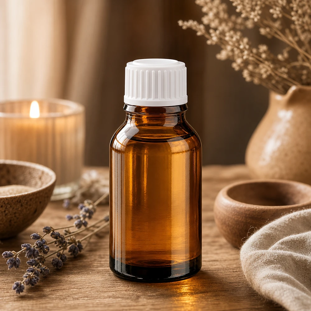 Pharmaglas Flasche braun 15ml mit weißem Tropfverschluss neben Lavendel und Kerze