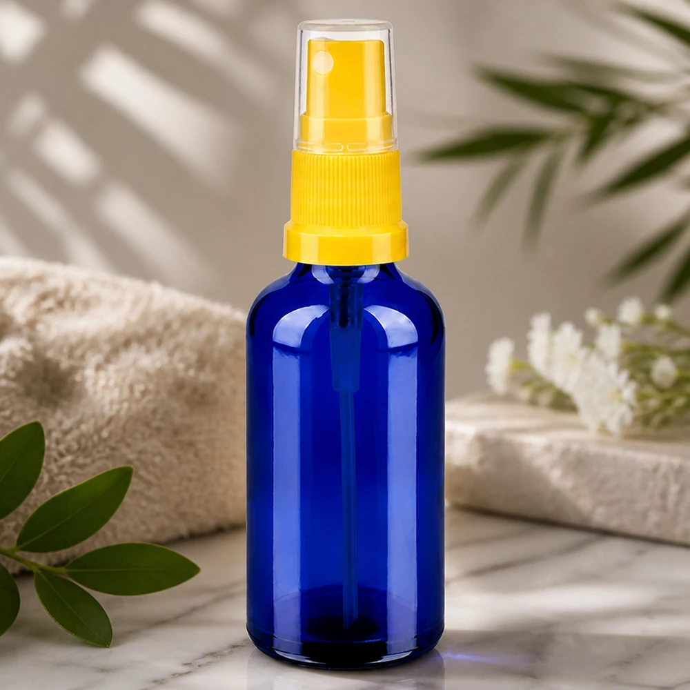 50ml Sprayflasche gelb/transparent Standardverschluss BlueLine UT18/50 Lichtgeschützte 50ml Sprayflasche in Apothekerqualität für empfindliche Naturkosmetik und Öle