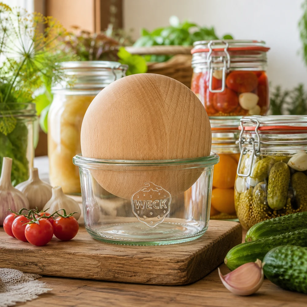 WECK Sturzglas RR80 165ml mit Buche-Holzkugel in rustikaler Küche zwischen Einmachgläsern und frischem Gemüse