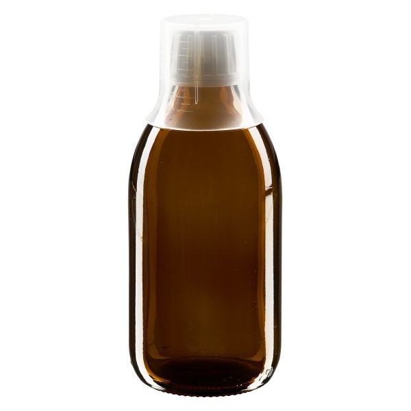 250ml Medizinflasche braun, Verschluss OV mit Dosierbecher 3