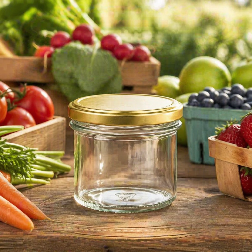 125ml Sturzglas mit BasicSeal Deckel gold UNiTWIST 125ml Sturzglas mit goldenem Deckel zwischen frischem Obst und Gemüse - ideal für hausgemachte Marmelade