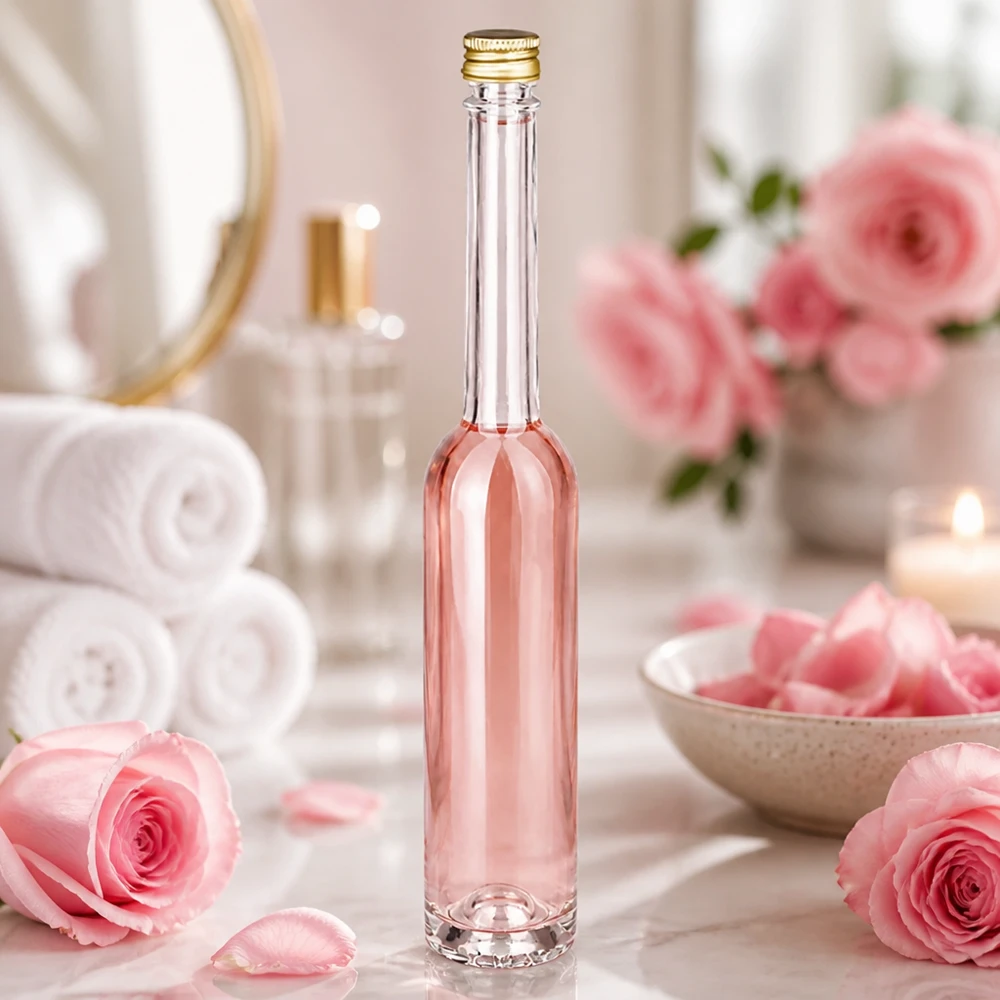 100ml Glasflasche Toni mit rosafarbener Flüssigkeit in Wellness-Spa-Ambiente - UNiTWIST Goldverschluss zwischen Rosen