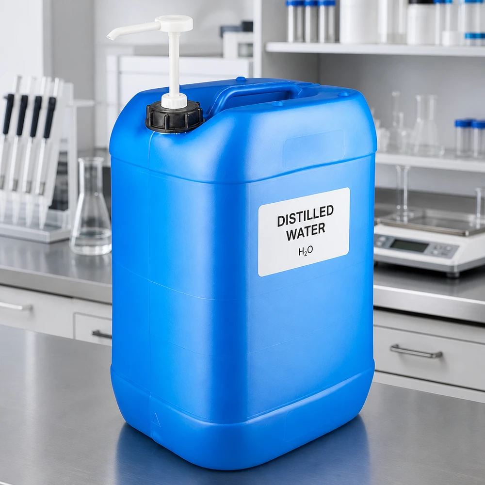 Kanister 25 Liter blau mit Dosierpumpe Stabiler blauer Industriekanister 25L mit Pumpe zur sicheren Entnahme von destilliertem Wasser