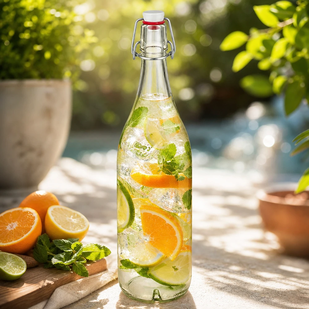 1000ml Glasflasche mit Bügelverschluss gefüllt mit Zitruspunsch Orange Limette Minze auf sonniger Terrasse