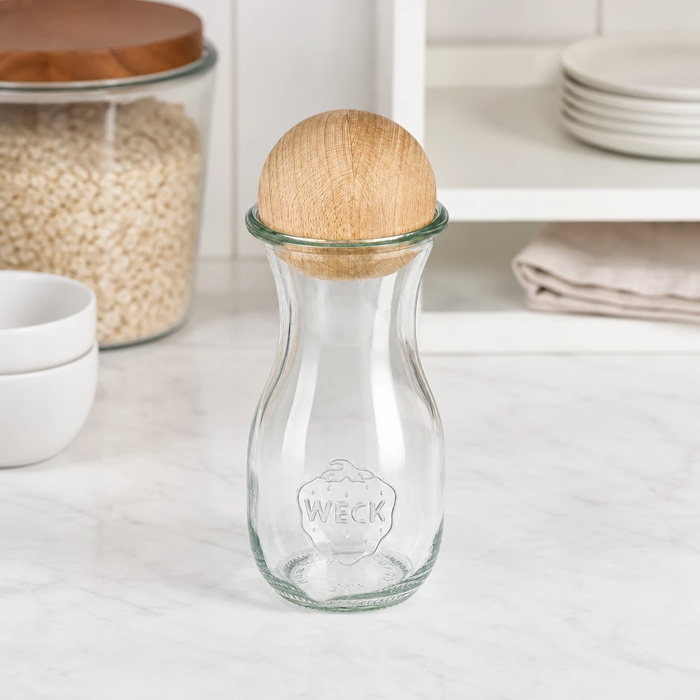 290ml Saftflasche WECK RR60 mit Holzkugel Buche WECK Glasflasche 290ml RR60 mit Buche-Holzkugel in weißer Küche neben Vorratsgläsern und Geschirr-Stapel