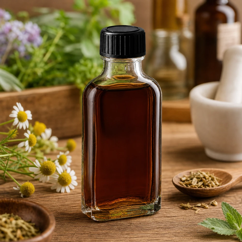 50 ml Meplat klar Schraubverschluss mit EPE-Dichtscheibe Kompakte Meplat Glasflasche 50 ml mit schwarzem Deckel in natürlicher Kräuterumgebung