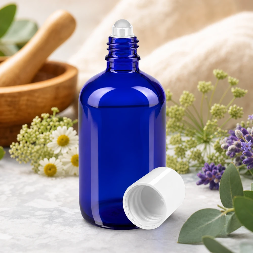 Apothekenflasche blau 100ml Roll-On Verschluss weiß Blaue 100ml Roll-On Flasche aus UV-Schutzglas ideal für Essenzen und Parfüm