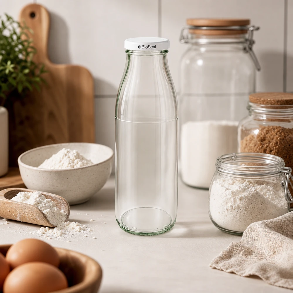 500ml Glasflasche + BioSeal Deckel weiß UNiTWIST 500ml Glasflasche mit weißem BioSeal Deckel in skandinavischer Küche zwischen Mehl, Eiern und Vorratsgläsern