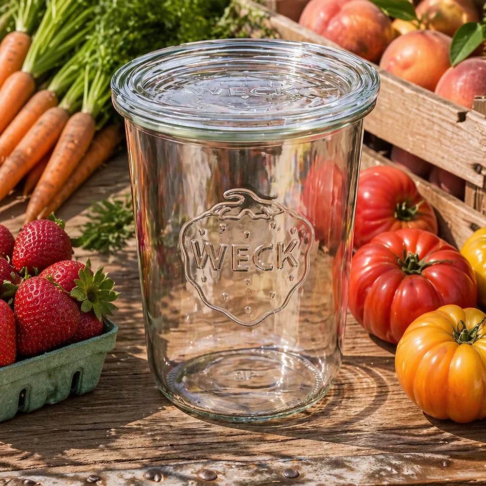 850ml Sturzglas mit Glasdeckel WECK RR100 WECK Sturzglas 850ml RR100 umgeben von frischem Gemüse Obst zeigt vielseitige Verwendung für Meal Prep und Vorratshaltun