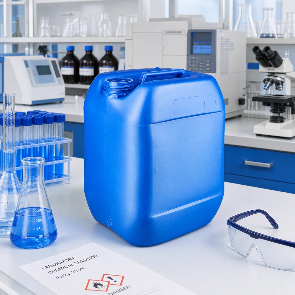 Kanister 10 Liter blau ohne Verschluss Blauer Chemikalienkanister 10 Liter ohne Deckel neben GHS-Gefahrstoffkennzeichnung