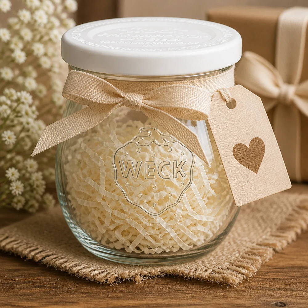 220ml Tulpenglas mit Frischedeckel WECK RR60 WECK Tulpenglas 220ml RR60 dekorativ mit Schleifenband und Herzanhänger - Geschenkidee Einmachglas rustikal