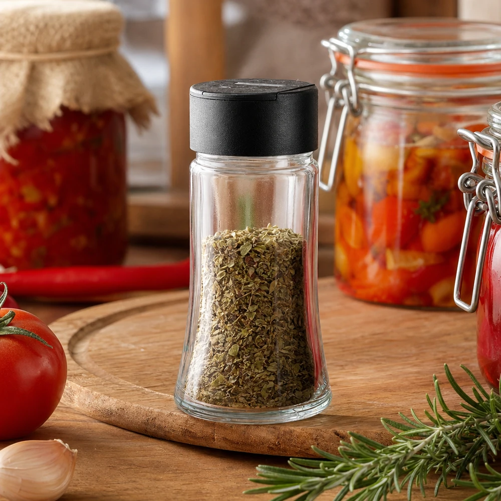 Gewürzstreuer 95ml aus Glas mit schwarzem Deckel perfekt für Oregano Basilikum und Thymian