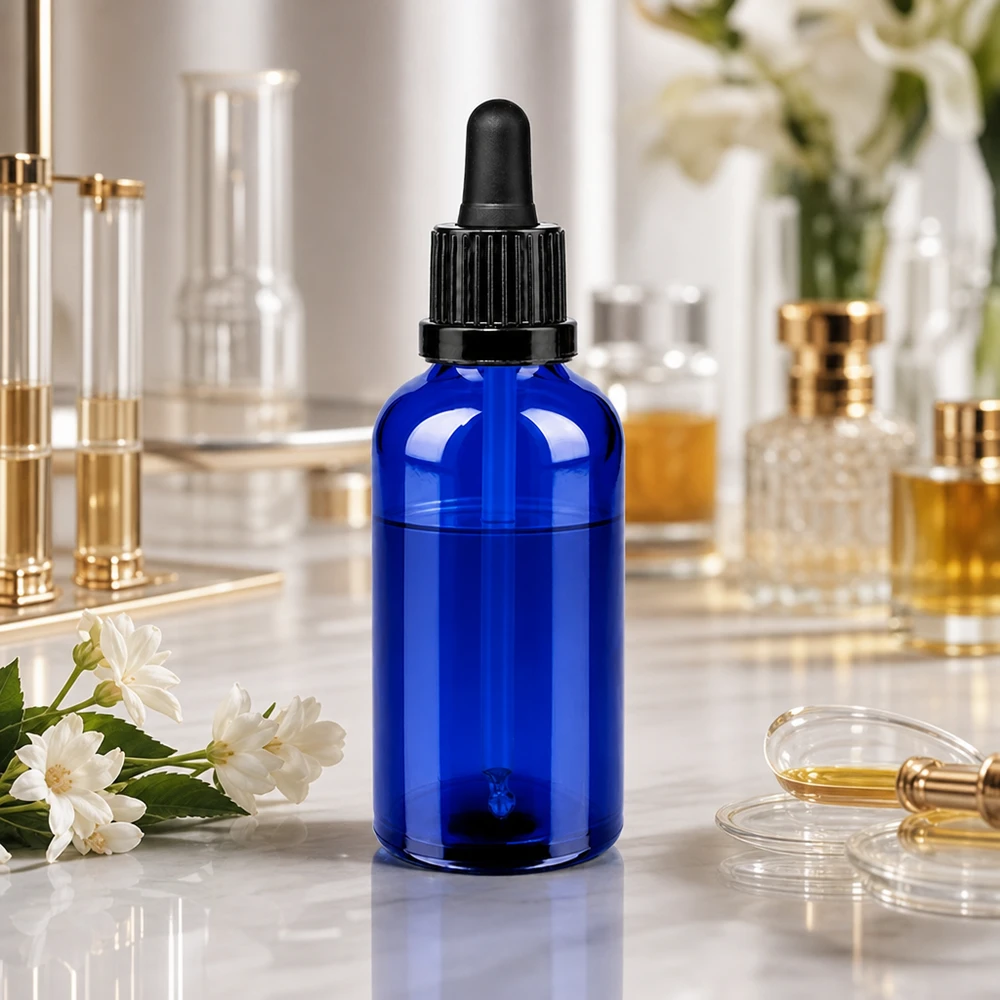 Kompakte 50ml Glasflasche mit schwarzem Pipettenverschluss - platzsparend für Reise und Labor
