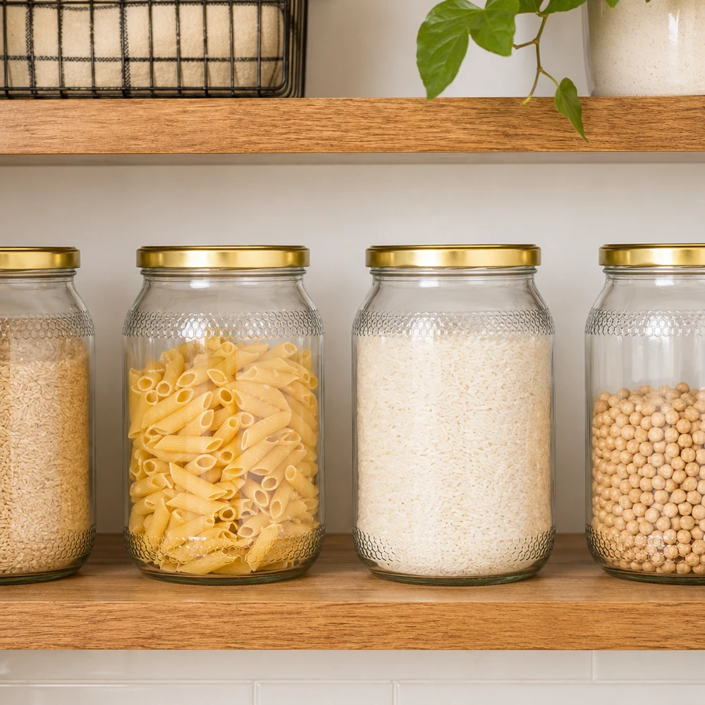 900ml Honiggläser mit goldenen Deckeln als Vorratsdosen für Pasta, Reis und Hülsenfrüchte in moderner Küche