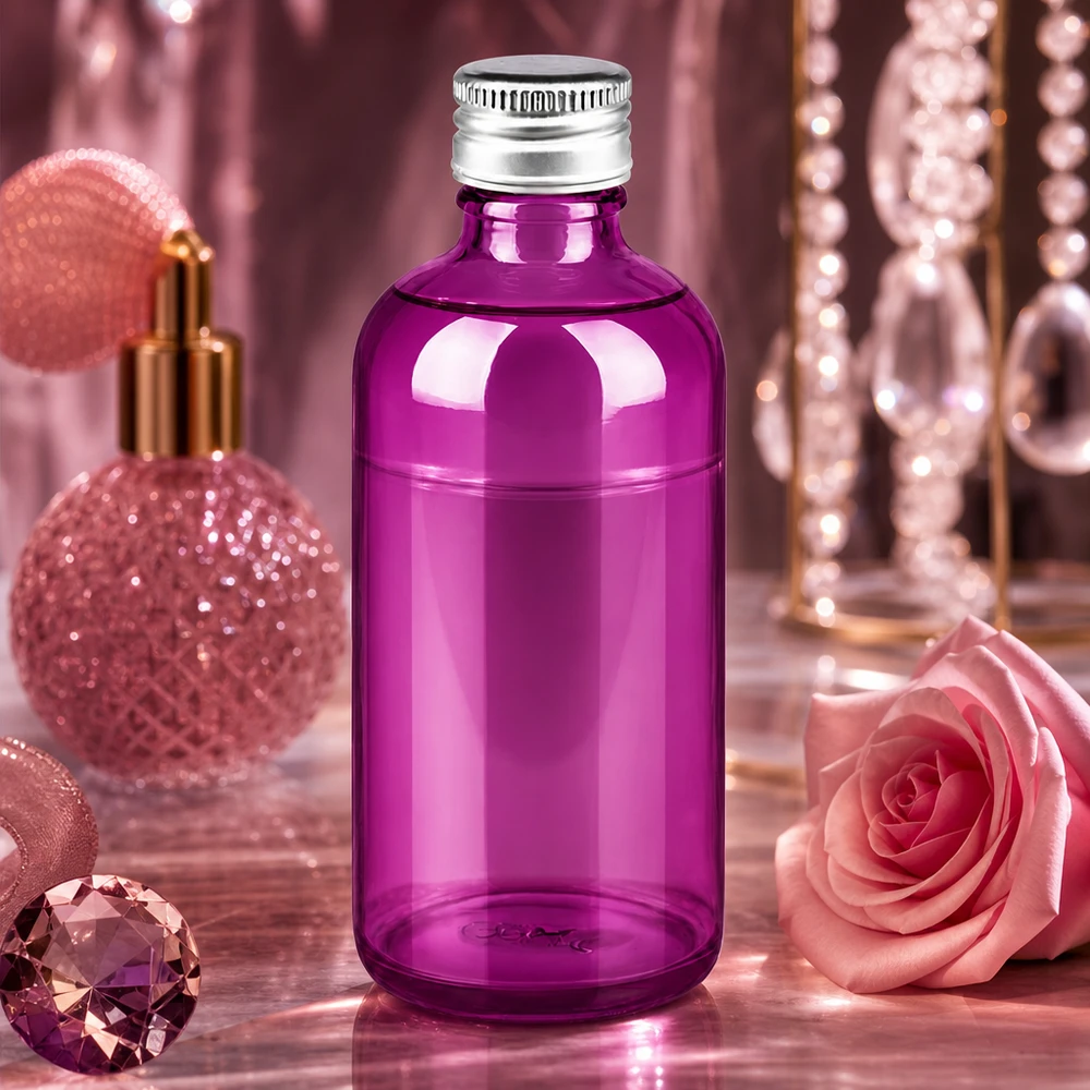 Designerflasche 100ml aus violettem Glas mit elegantem Aluminiumverschluss für Beauty-Produkte