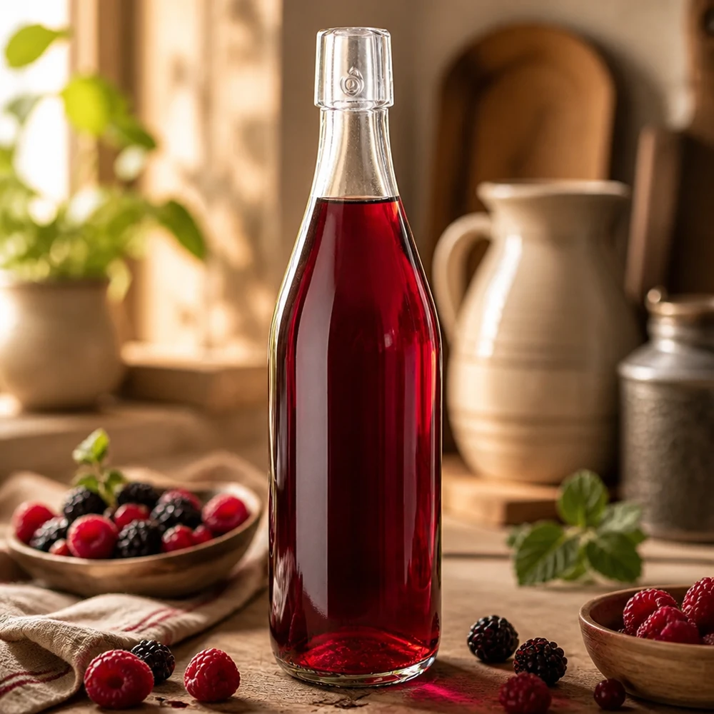 500ml UNiTWIST Glasflasche mit rotem Beerensaft befüllt als Lifestyle-Anwendung in rustikaler Küche