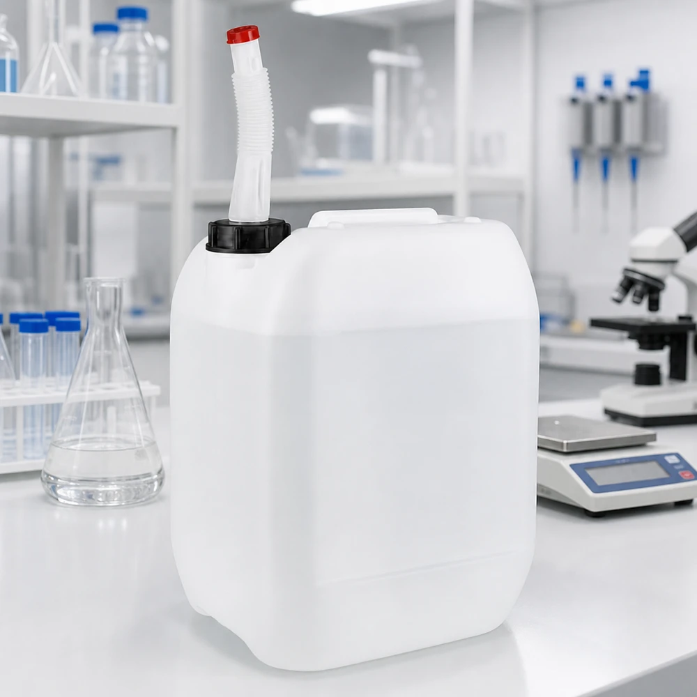 Kanister 10 Liter mit Auslaufrohr Flex Rechteckiger Weißkanister 10 Liter mit flexiblem Auslaufstutzen auf Labortisch