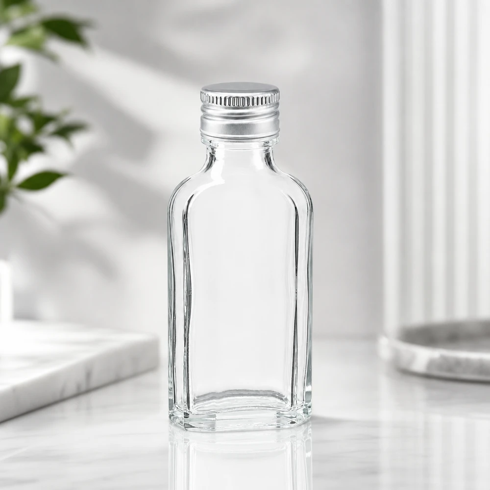 50 ml Meplat klar mit Alu Verschluss silber PP22 Hochwertige 50ml Glasflasche Meplat mit flacher Rechteckform und silbernem PP22 Alu Schraubdeckel