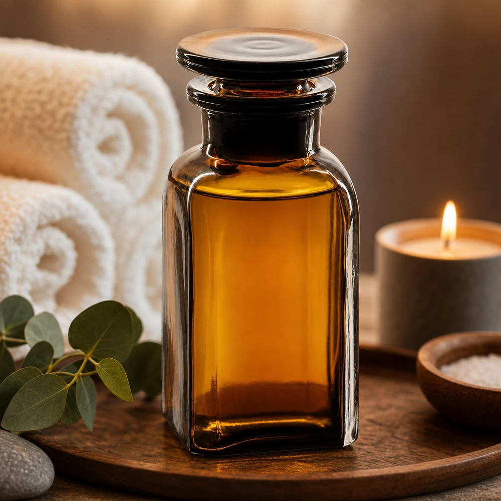 Lichtschutzflasche 100ml Braunglas viereckig Weithalsöffnung runder Glasstopfen Spa