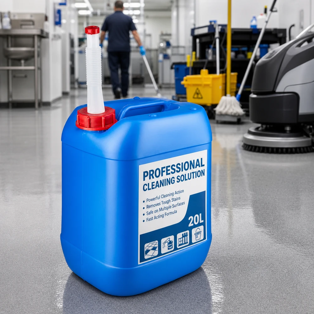 Kanister 20 Liter blau mit Flex-Auslaufrohr und rotem Sicherheitsverschluss für Reinigungskonzentrate