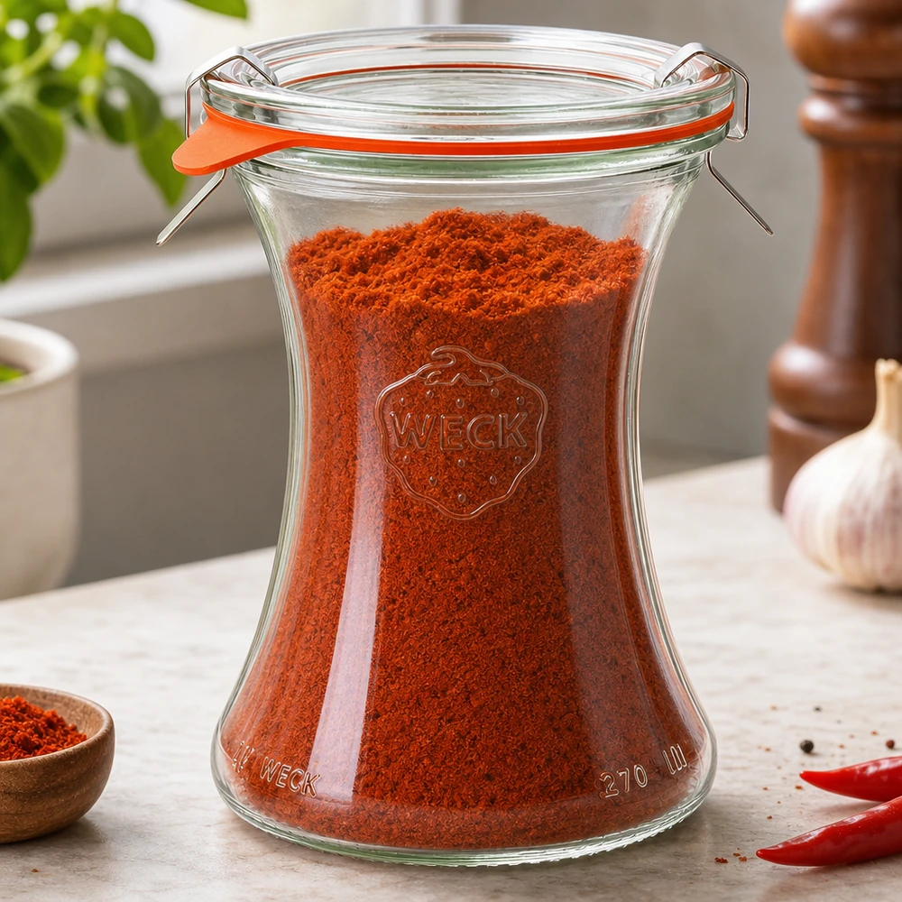 370ml Delikatessenglas komplett WECK RR80 WECK Delikatessenglas 370ml RR80 mit rotem Paprikapulver gefüllt Gewürzaufbewahrung in Küchenumgebung