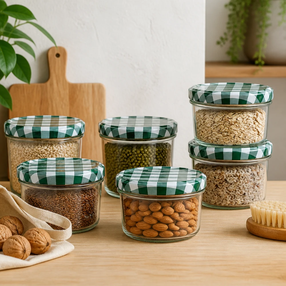 230ml Sturzglas + BasicSeal Deckel grün/weiß UNiTWIST Sturzglas Set 230ml verschiedene Größen mit Nüssen Getreide gefüllt grün-weiß karierter Deckel Vorratsaufbewahrung