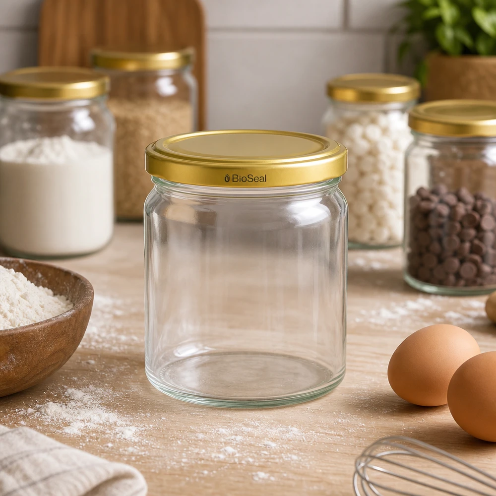 UNiTWIST Runda408 leeres Glas mit goldenem TO82 BioSeal Deckel in Küche mit Backzutaten Mehl Eiern und Vorratsgläsern