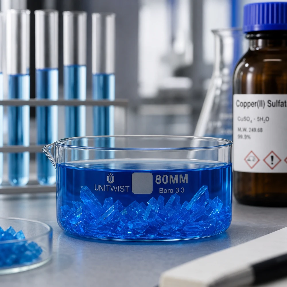 Kristallisierschale ø80mm Borosilikatglas UNiTWIST Laborschale 80mm mit wachsenden blauen Kristallen aus gesättigter Kupfersulfat-Lösung