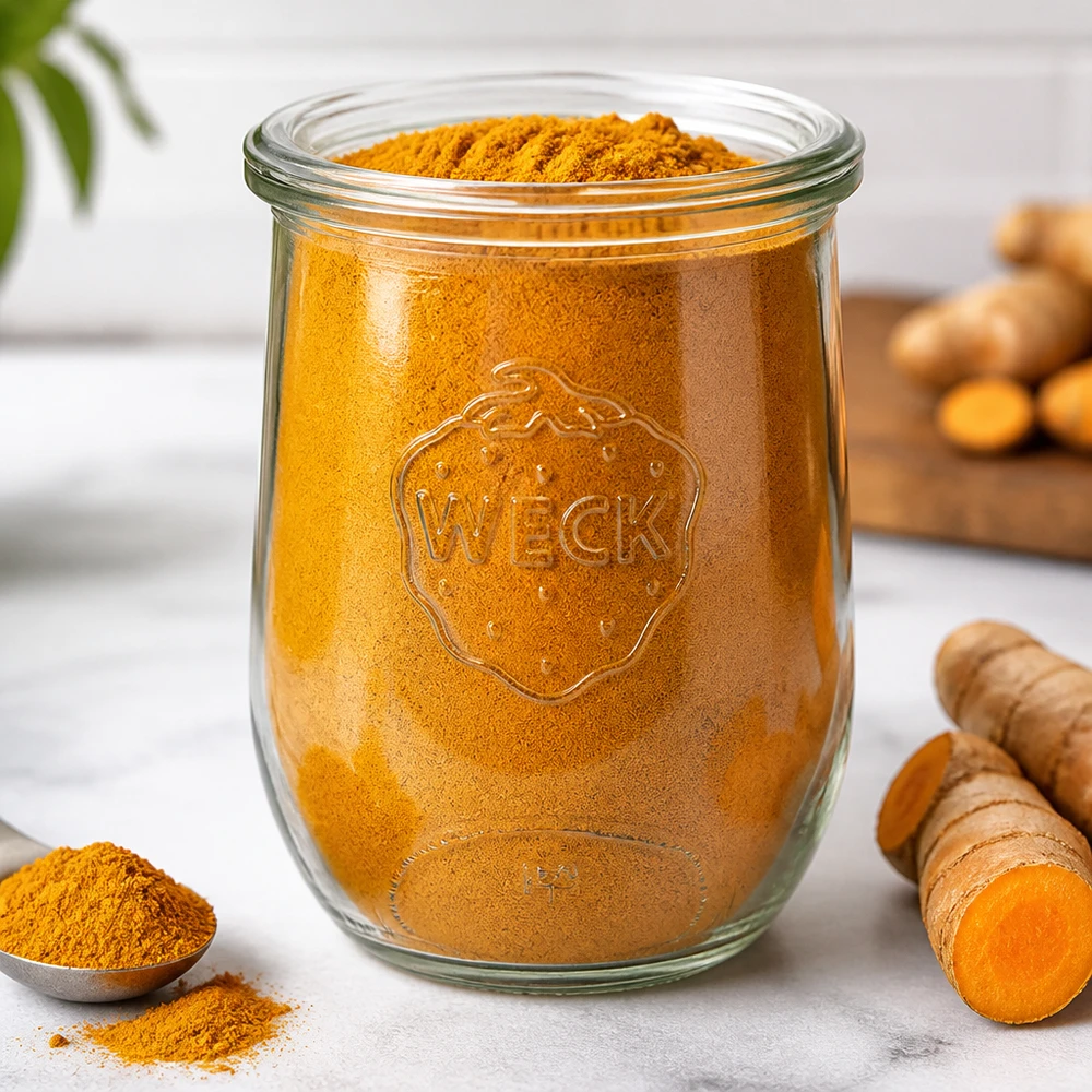 WECK Tulpenglas 1062ml RR100 mit Kurkumapulver gefüllt neben frischen Kurkumawurzeln Gewürzaufbewahrung Küche