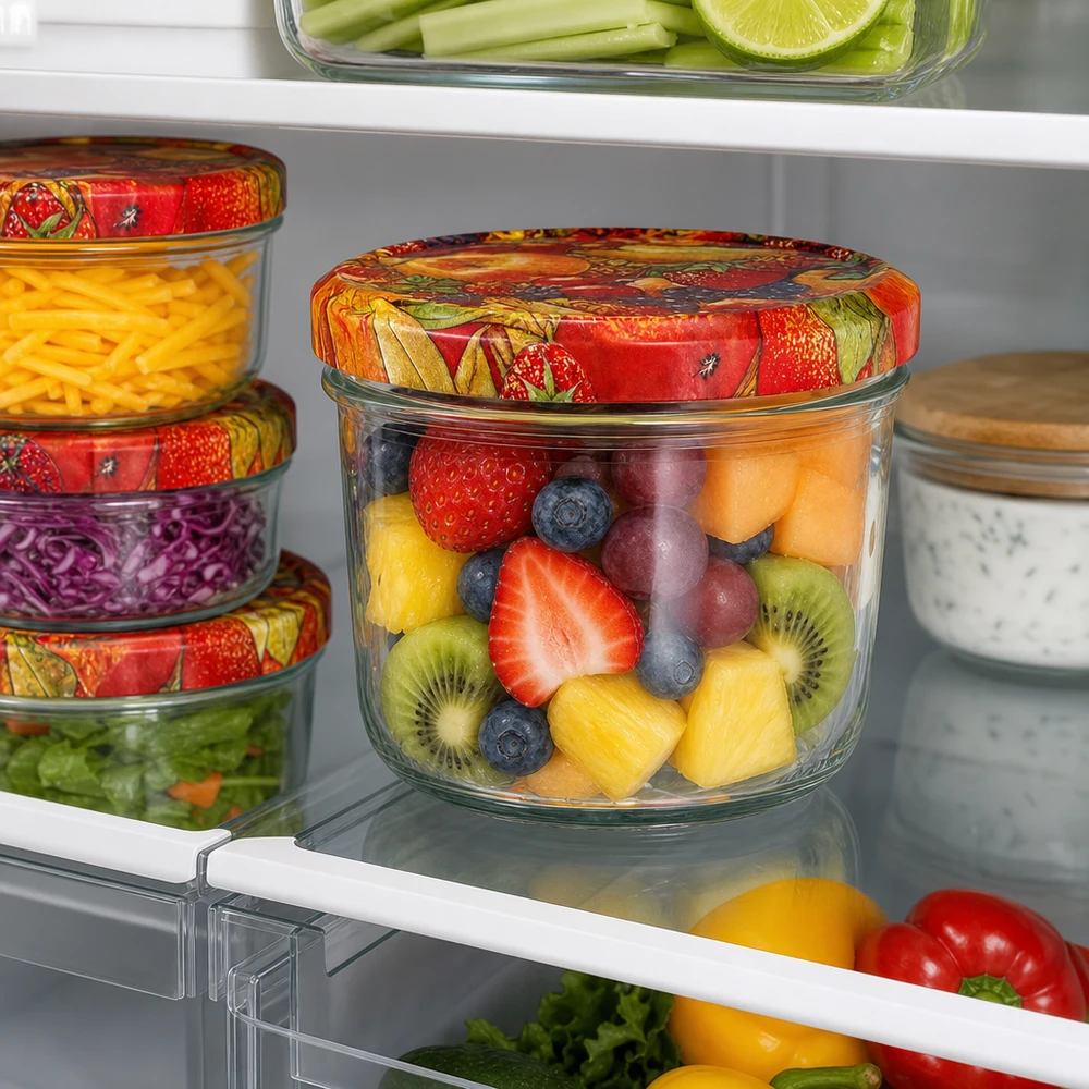 230ml Sturzglas mit buntem BasicSeal Obstdekor-Deckel gefüllt mit frischem Obstsalat im Kühlschrank gelagert