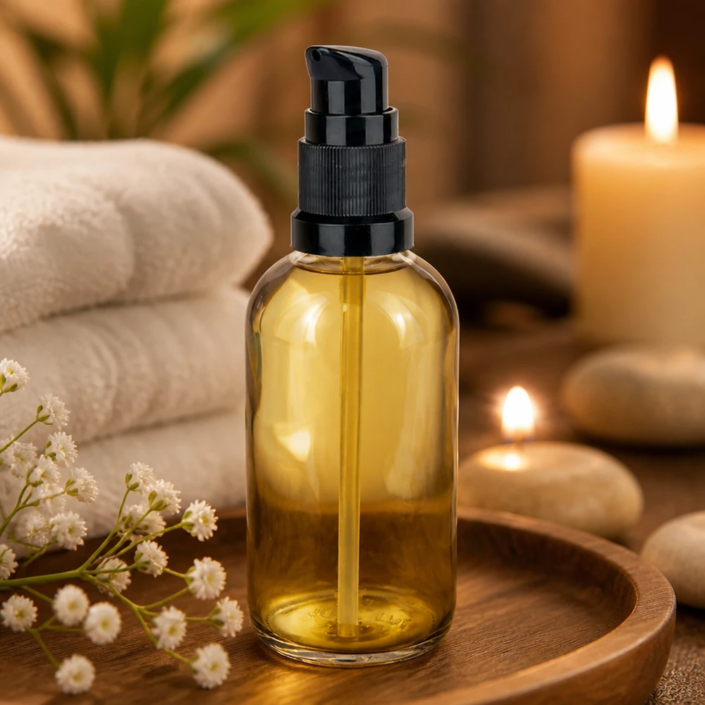 100ml Pumpflasche schwarz Standardverschluss ClearLine UT18/100 ClearLine Glasflasche 100ml schwarze STD Pumpe goldfarbener Inhalt Kosmetik Wellness