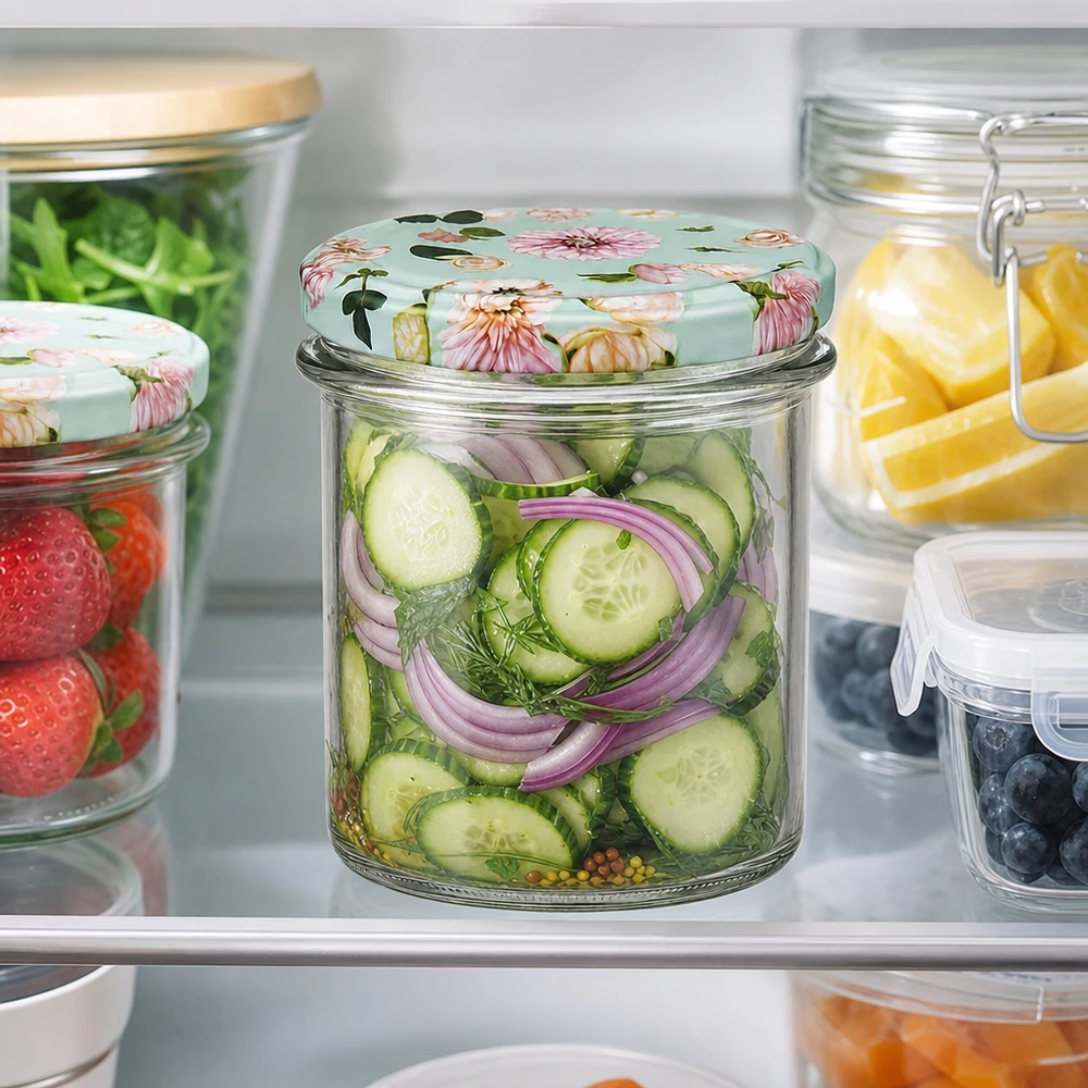 350ml Sturzglas + BasicSeal Deckel Blume mint UNiTWIST Sturzglas 350ml mit mint Blumendeckel BasicSeal im Kühlschrank, gefüllt mit eingelegten Gurken und roten Zwiebeln