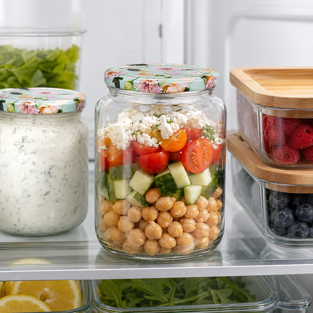 795ml Rundglas + BasicSeal Deckel Blume mint UNiTWIST 795ml Rundglas mit mint Blumen-Deckel im Kühlschrank, gefüllt mit Kichererbsen-Salat zwischen Meal-Prep-Behältern