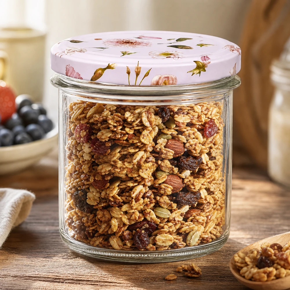350ml Sturzglas + BasicSeal Deckel Blume rosa UNiTWIST 350ml Sturzglas rosa Blumendekor gefüllt mit Müsli Nüssen als Vorratsbehälter auf Holztisch Küchenzubehör
