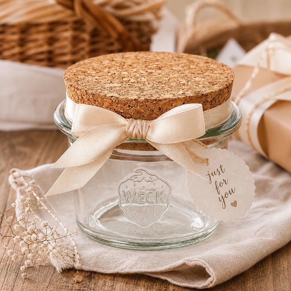WECK Sturzglas RR40 35ml mit Korken als Geschenkverpackung mit Schleife und Anhänger dekorativ arrangiert