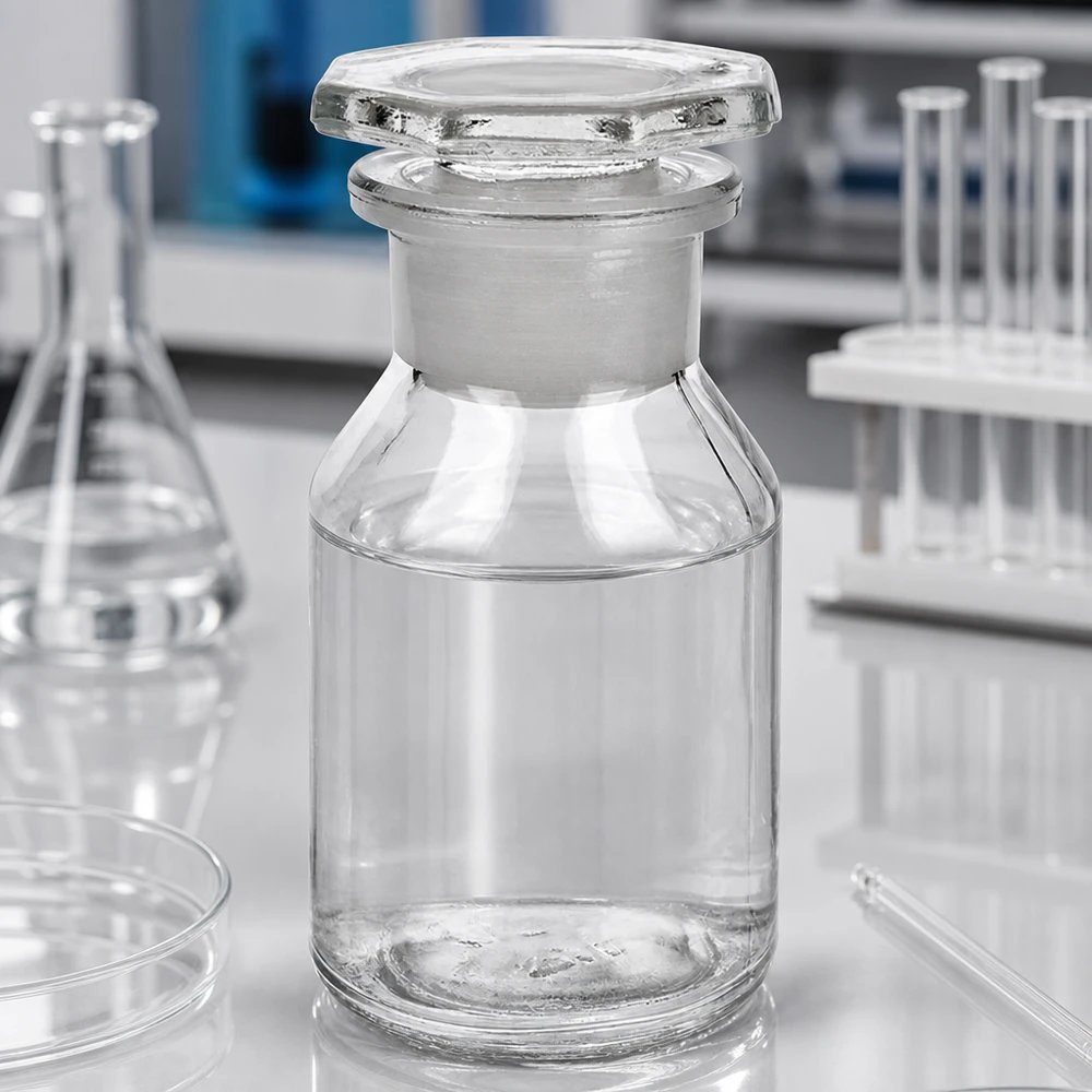 Steilbrustflasche 50ml mit Weithals aus Klarglas und passendem Glasstopfen für Chemikalien
