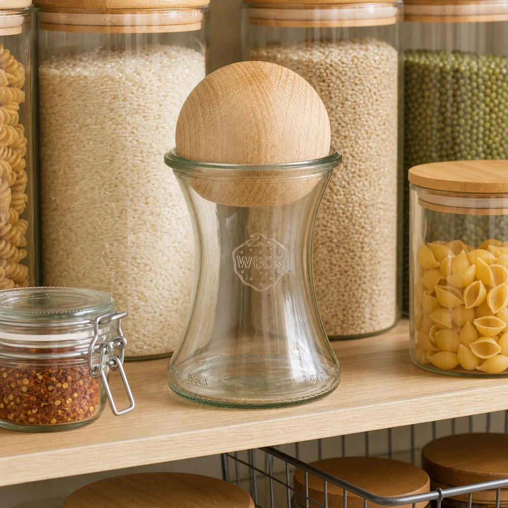 370ml Delikatessengl. WECK RR80 mit Holzkugel Buche WECK Delikatessengl 370ml RR80 mit Buchenkugel in Vorratsregal zwischen Einmachgläsern gefüllt mit Pasta Reis
