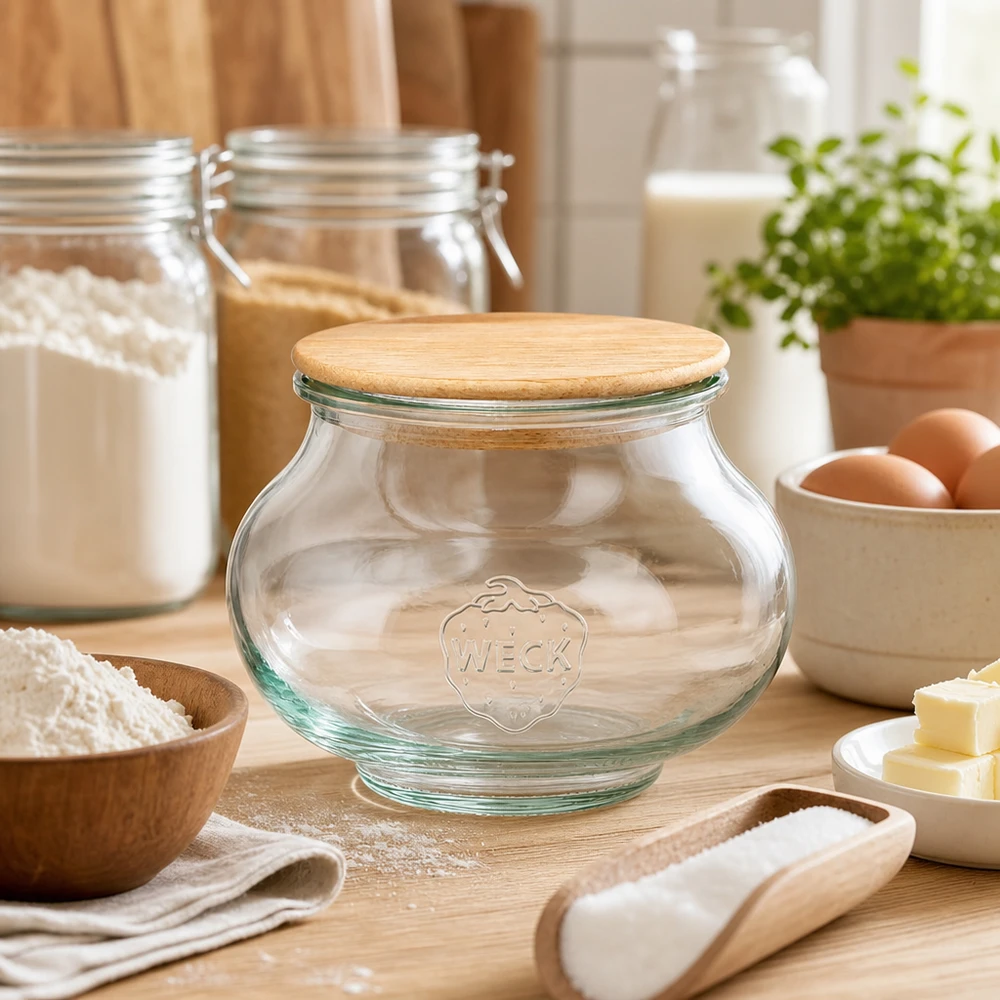 WECK Schmuckglas 560ml RR80 mit Holzdeckel Eiche zwischen Backzutaten Mehl Eiern Butter auf Holzbrett Küche