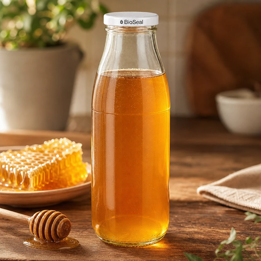 500ml Glasflasche mit Honig befüllt, weißer BioSeal Deckel, neben Bienenwabe und Honiglöffel auf Holztisch