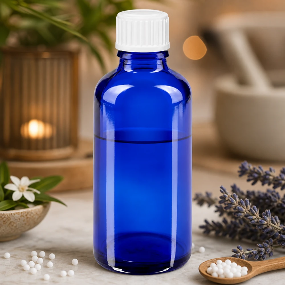 Apothekenflasche blau 50ml Schraubverschluss weiß Globuli Standard Zylindrische 50ml Apothekerflasche in Kobaltblau mit gerilltem Weißverschluss für Naturheilkunde