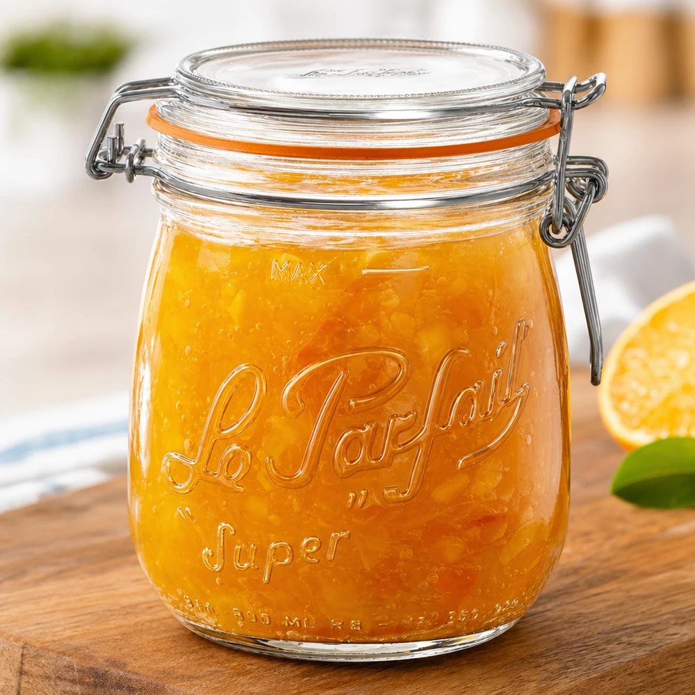 750ml Vorratsglas "Super" mit Bügelverschluss Le Parfait® 750ml Le Parfait Super Vorratsglas mit Bügelverschluss gefüllt mit orangener Marmelade auf Holzbrett