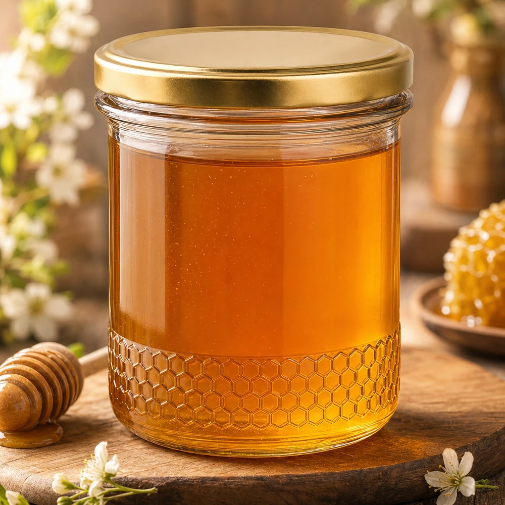 400ml Honigglas mit gold BasicSeal UNiTWIST Deckel gefüllt mit Honig auf Holztisch mit Wabenmuster-Design